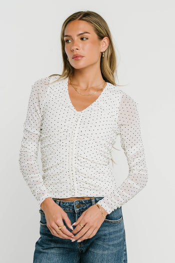 Sabrina Ruched Polka Dot Blouse in Ivory