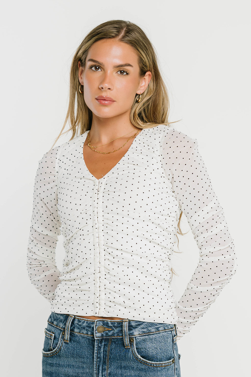 Sabrina Ruched Polka Dot Blouse in Ivory