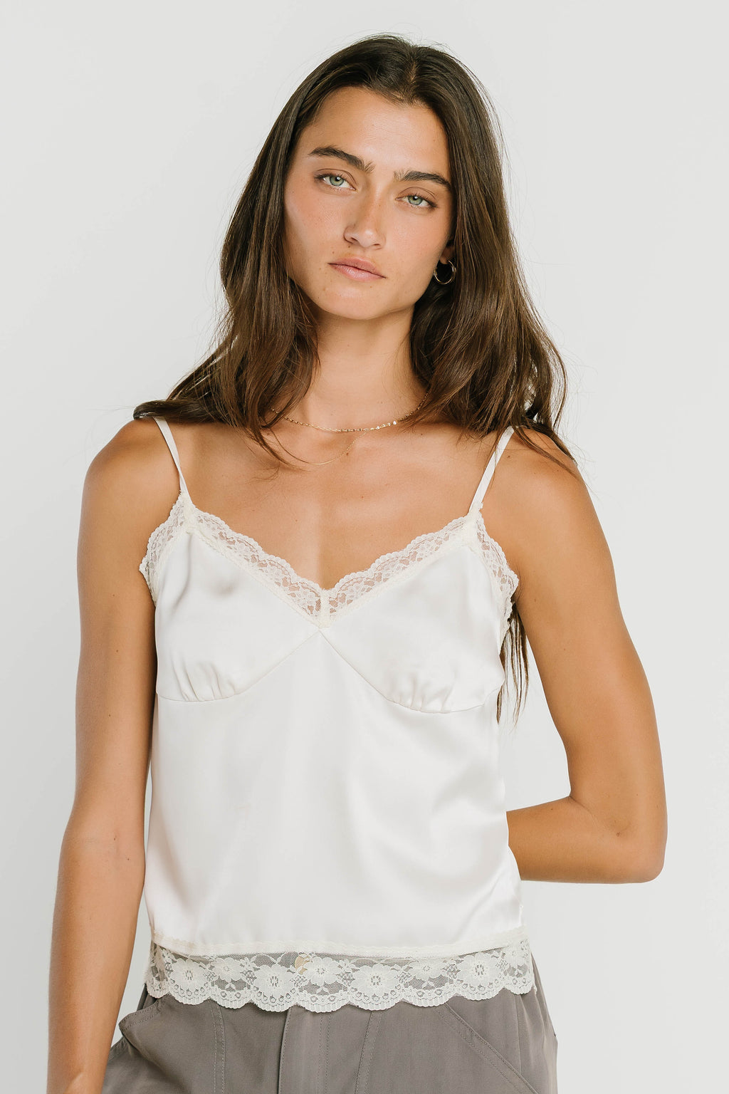 Bricelyn Lace Trim Satin Top in Cream