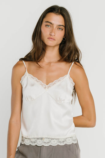 Bricelyn Lace Trim Satin Top in Cream