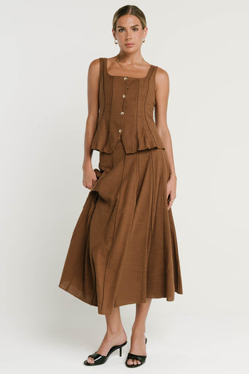 Cadence Pleated Midi Skirt in Brown