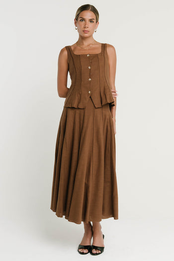 Cadence Pleated Midi Skirt in Brown