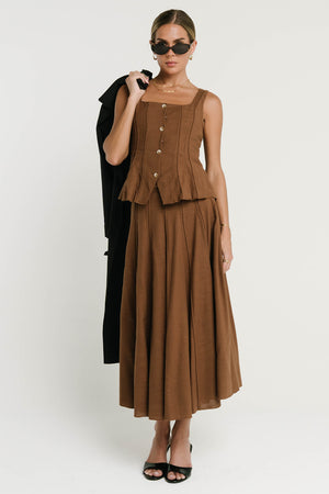 Cadence Pleated Midi Skirt in Brown