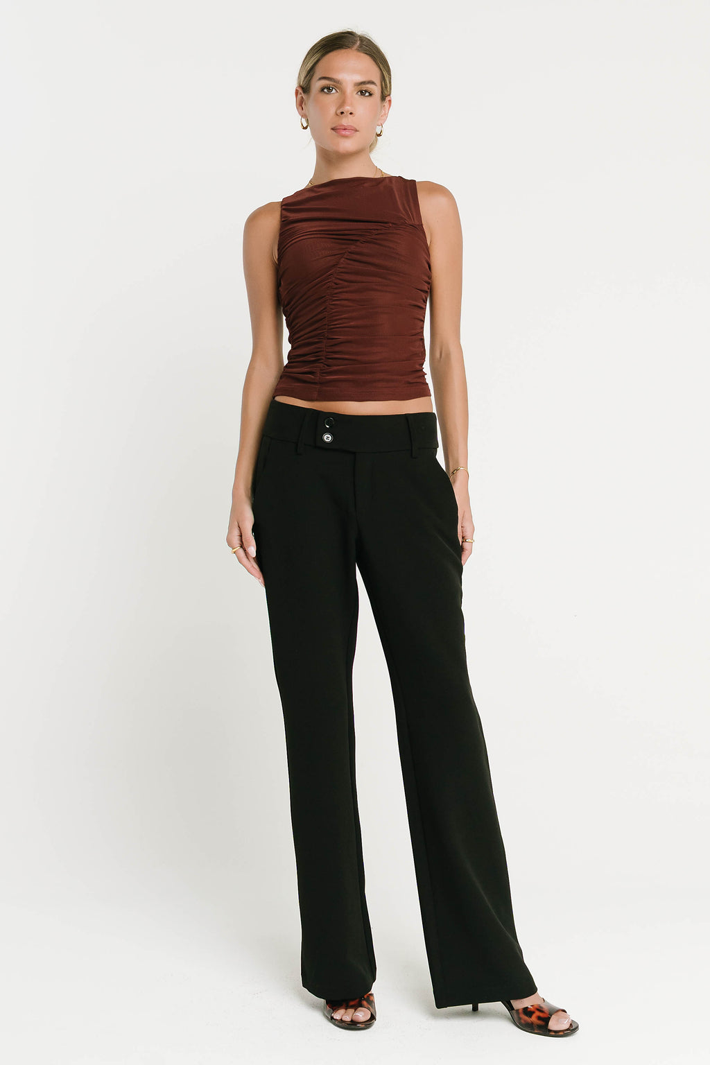 Melly Diagonal Ruched Top in Brown