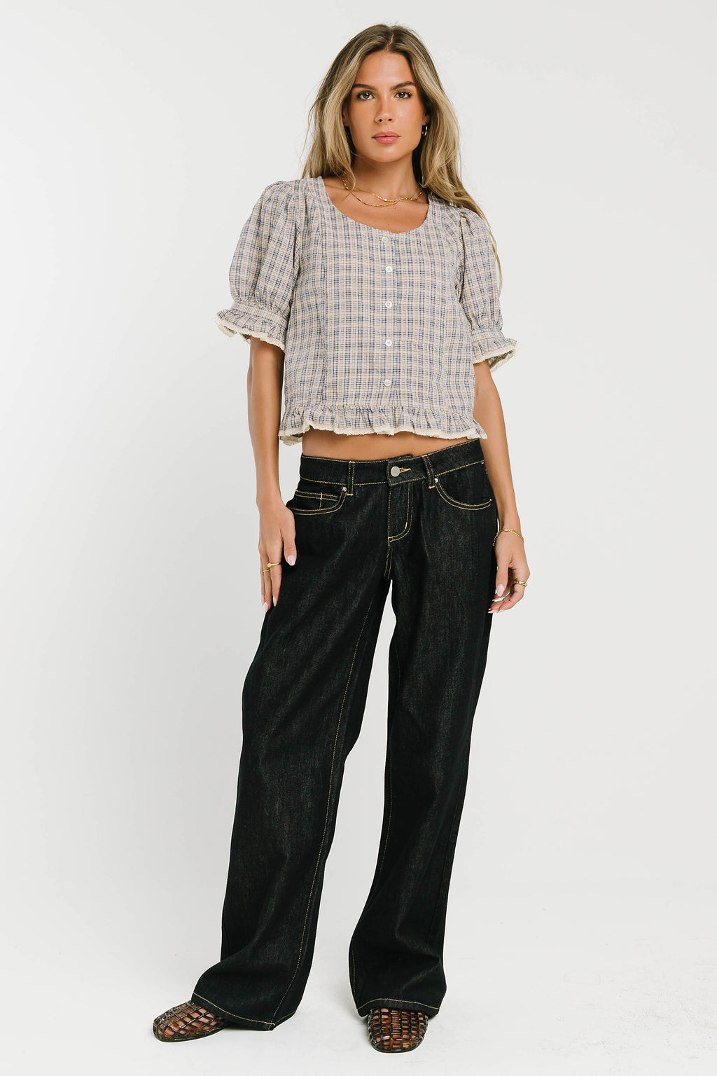 Rachelle Gingham Lace Trim Blouse