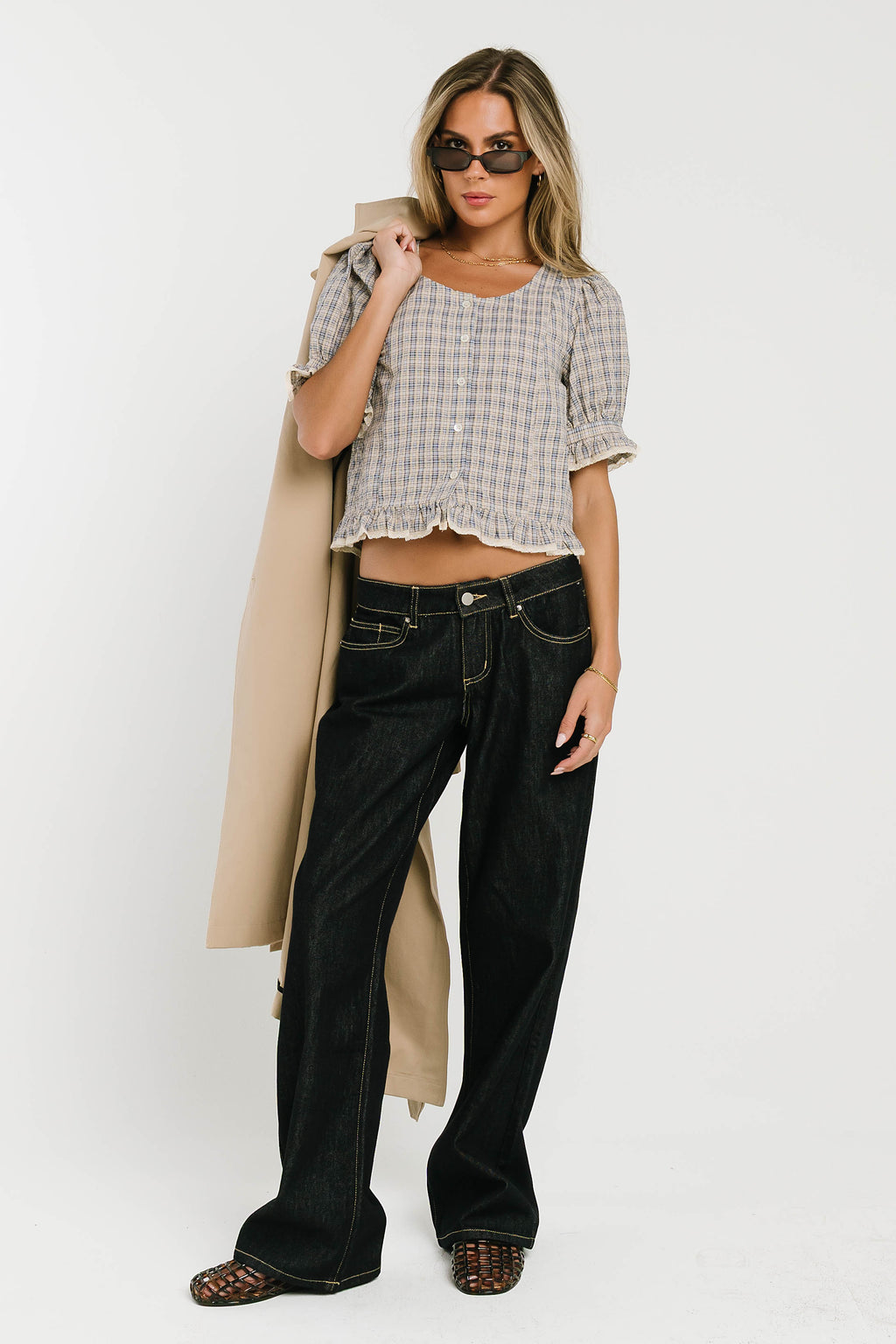 Rachelle Gingham Lace Trim Blouse