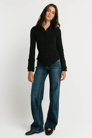 Alisa Mixed Media Button Up in Black