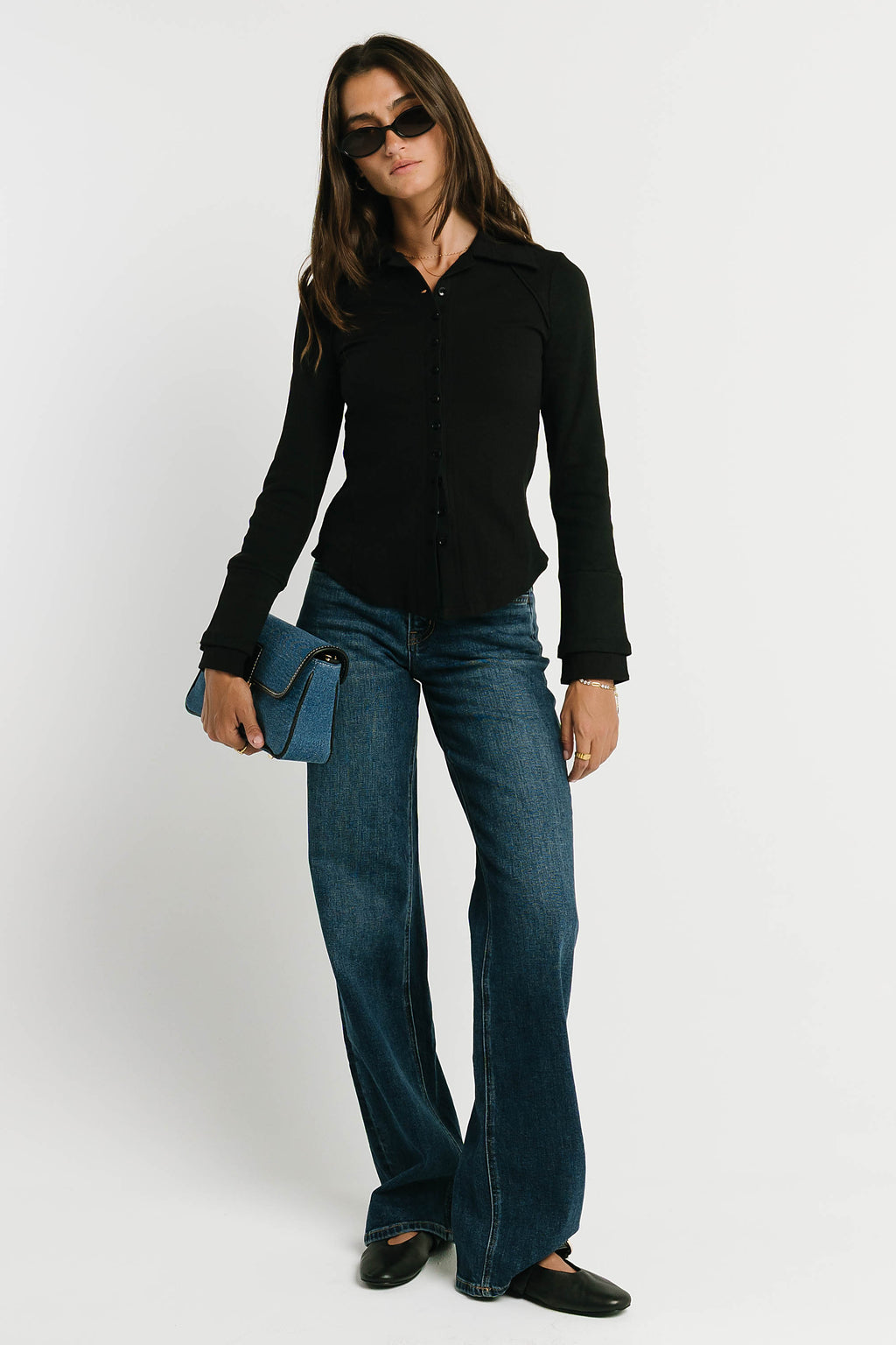Alisa Mixed Media Button Up in Black