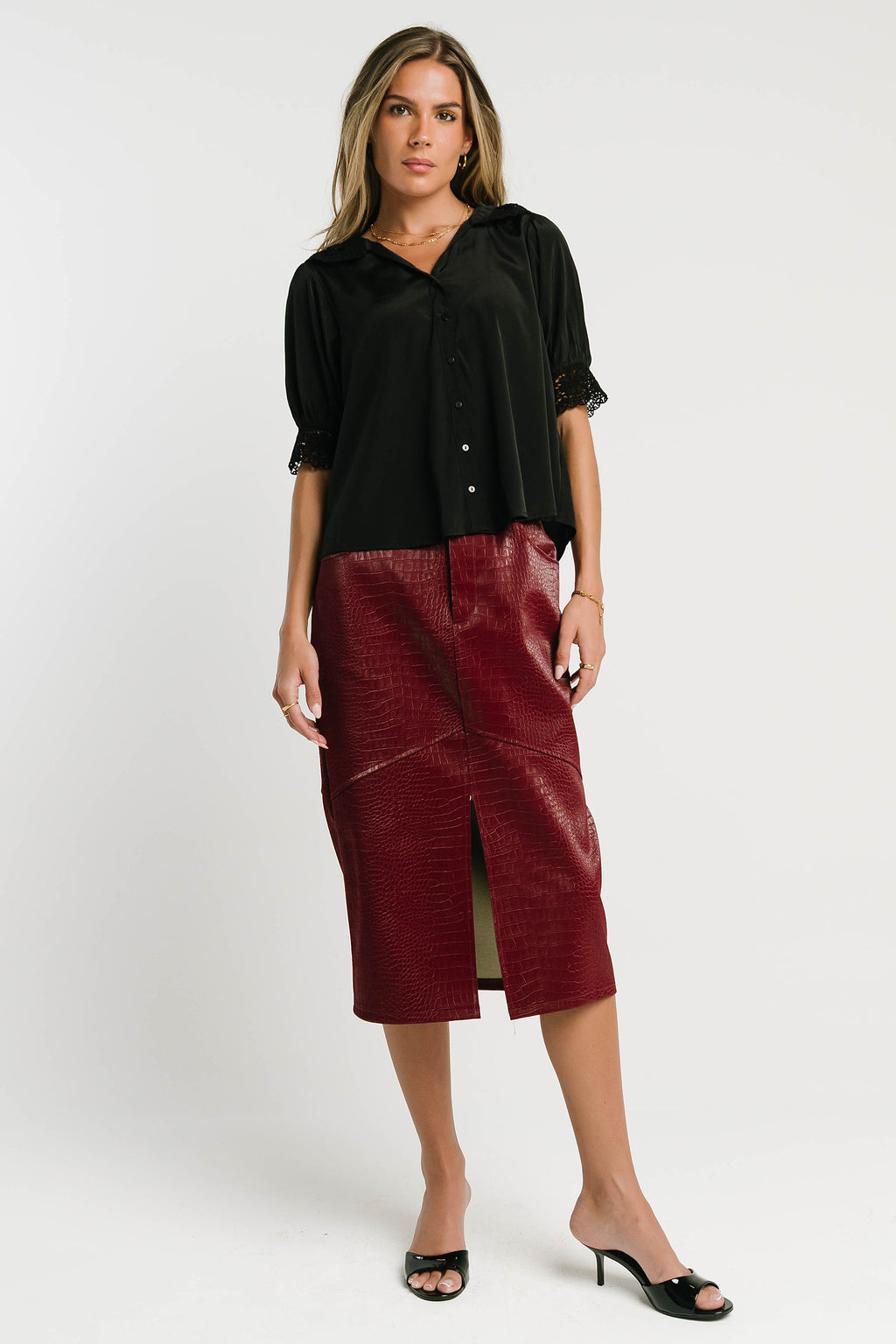 Walter Vegan Leather Midi Skirt in Wine