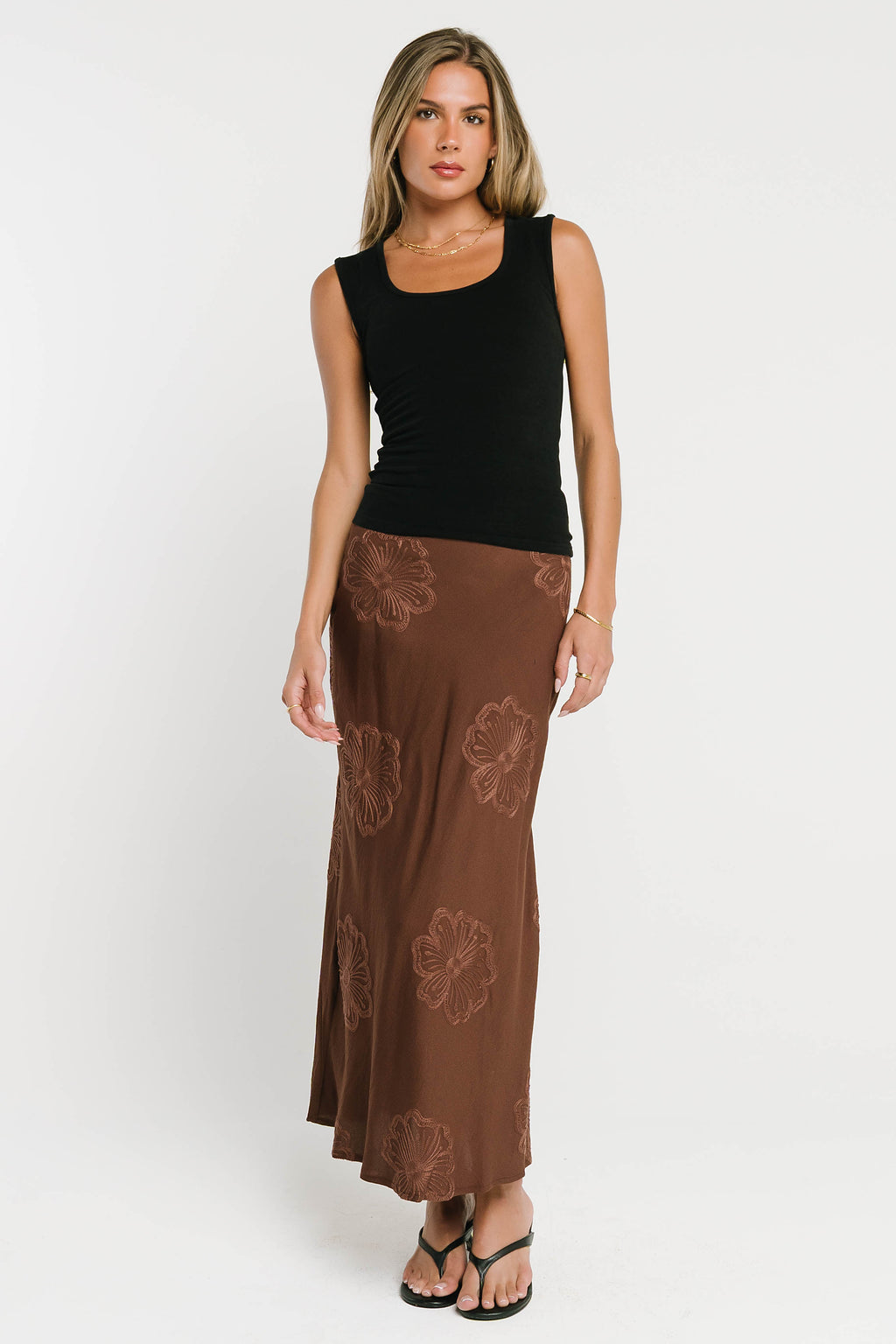 Jayda Embroidered Maxi Skirt in Brown