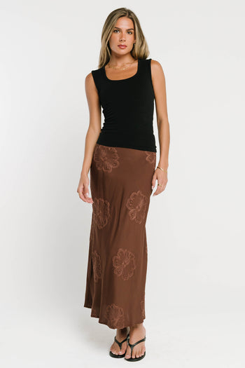 Jayda Embroidered Maxi Skirt in Brown