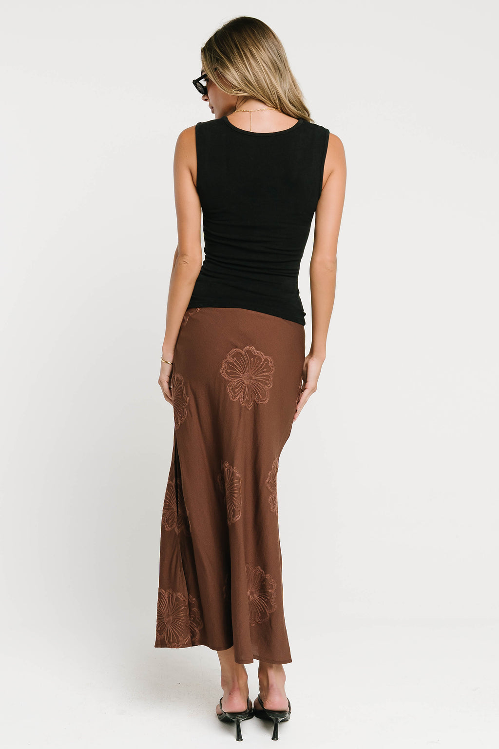 Jayda Embroidered Maxi Skirt in Brown