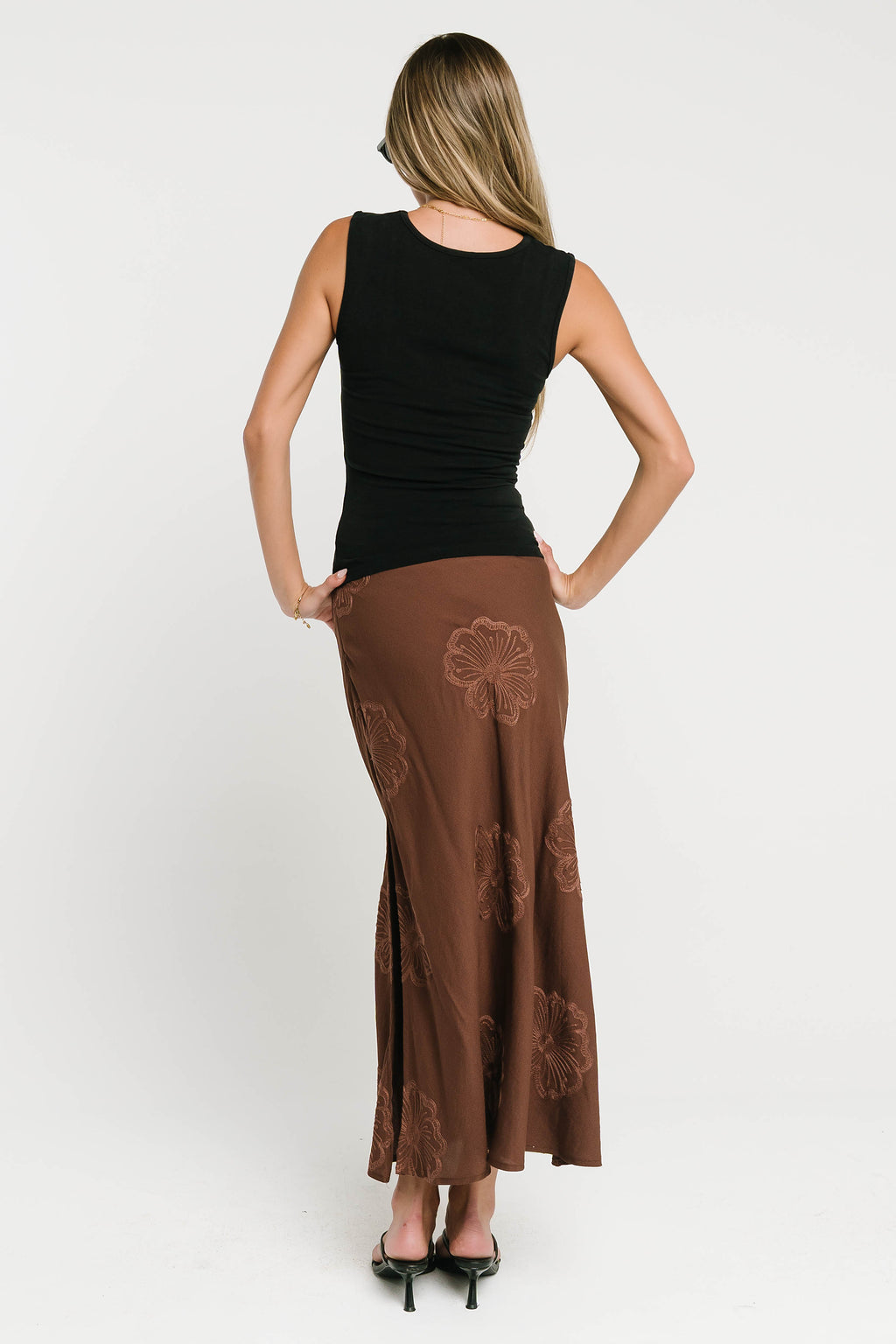 Jayda Embroidered Maxi Skirt in Brown