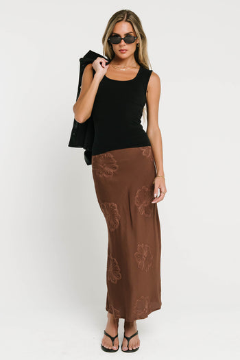 Jayda Embroidered Maxi Skirt in Brown