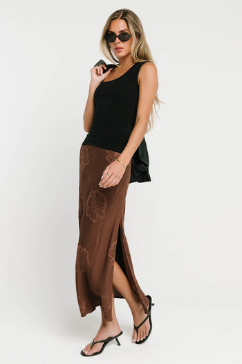 Jayda Embroidered Maxi Skirt in Brown