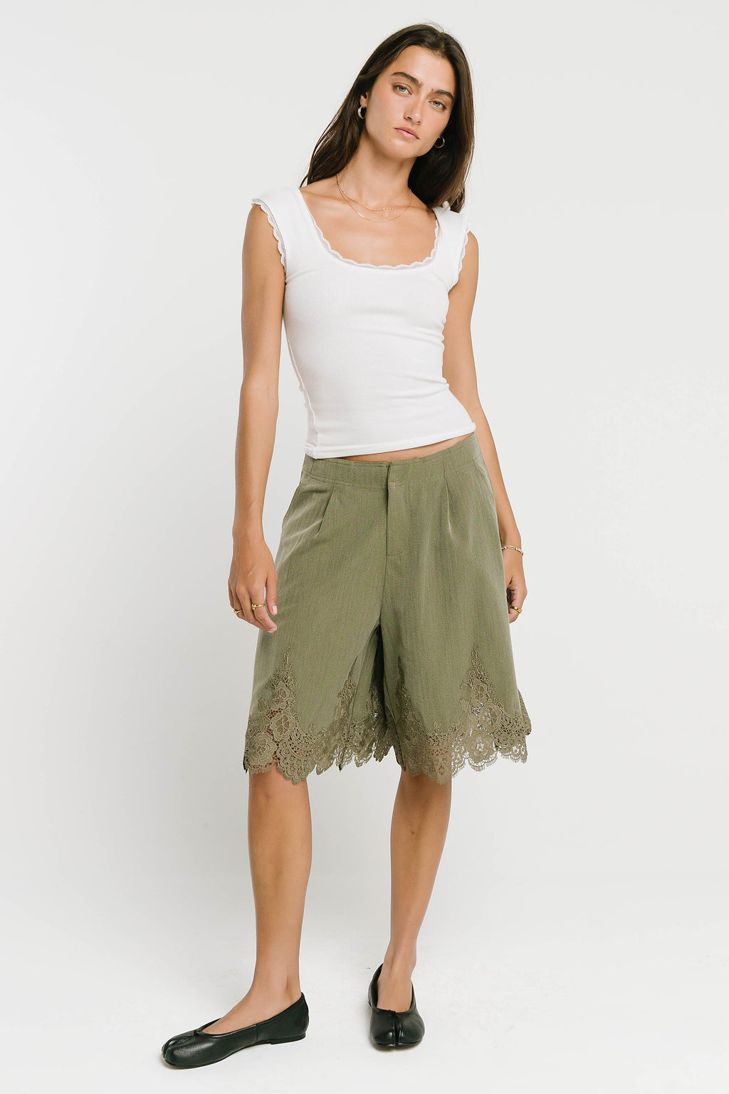 Mazie Lace Trim Shorts in Olive