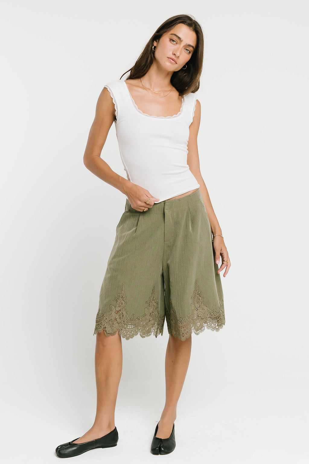 Mazie Lace Trim Shorts in Olive