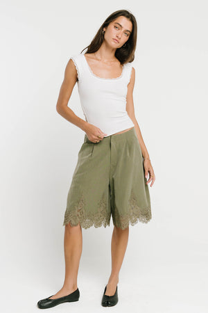 Mazie Lace Trim Shorts in Olive