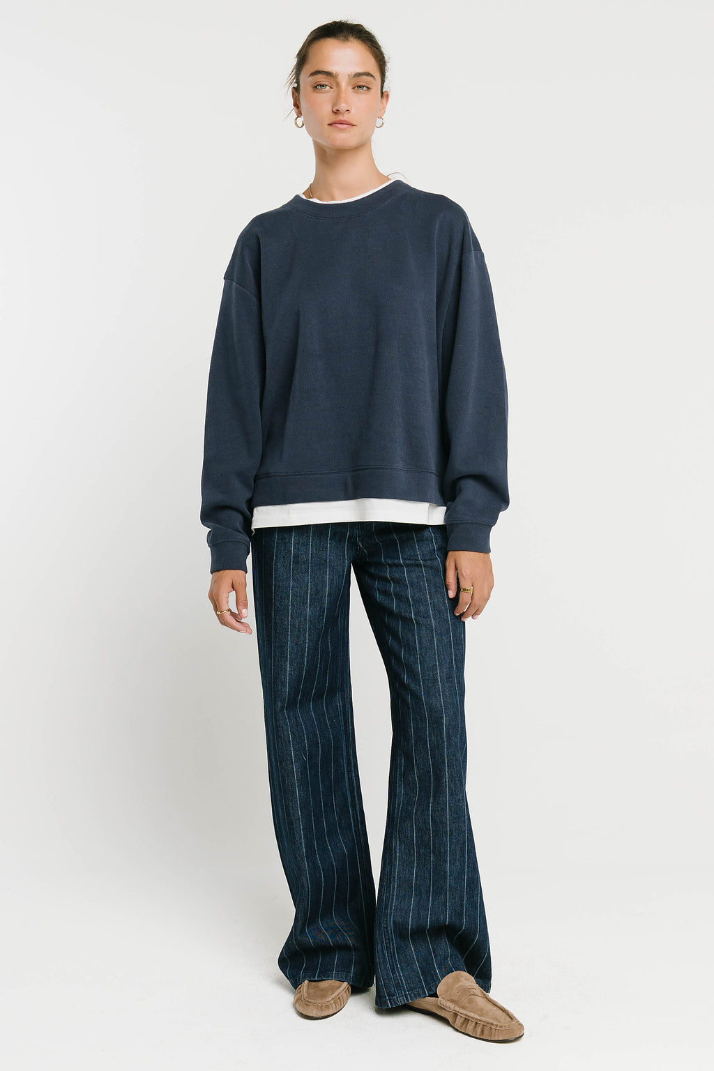 Ava Double Layer Crewneck in Navy