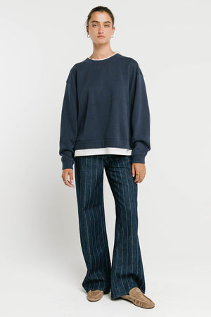 Ava Double Layer Crewneck in Navy