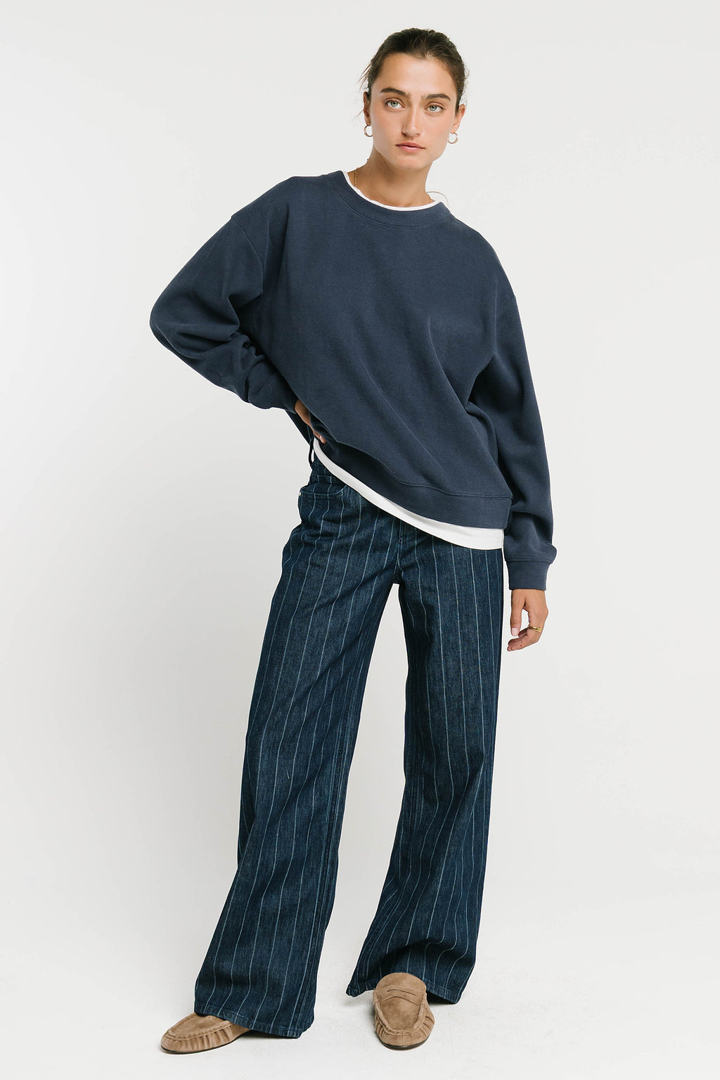 Ava Double Layer Crewneck in Navy