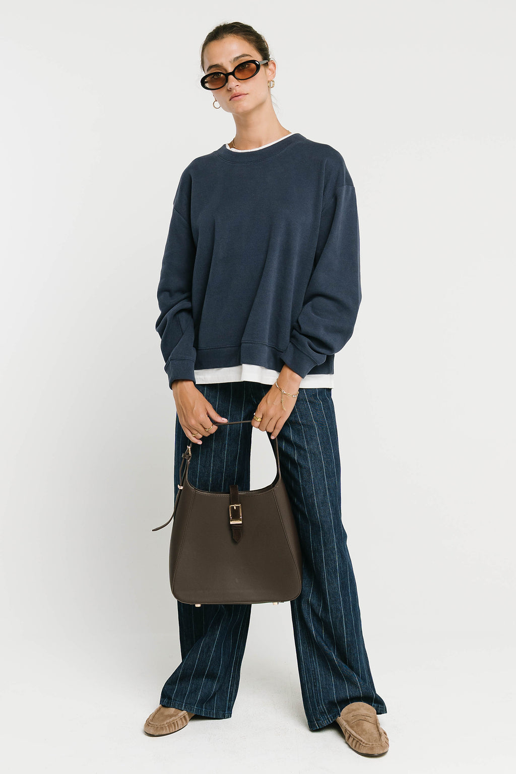 Ava Double Layer Crewneck in Navy