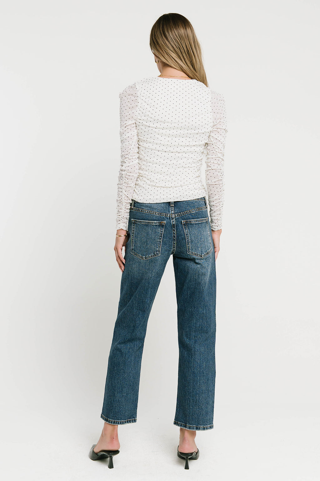 Sabrina Ruched Polka Dot Blouse in Ivory