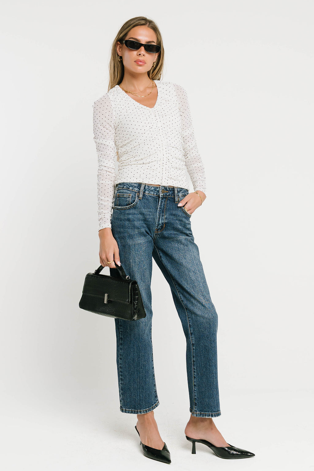 Sabrina Ruched Polka Dot Blouse in Ivory
