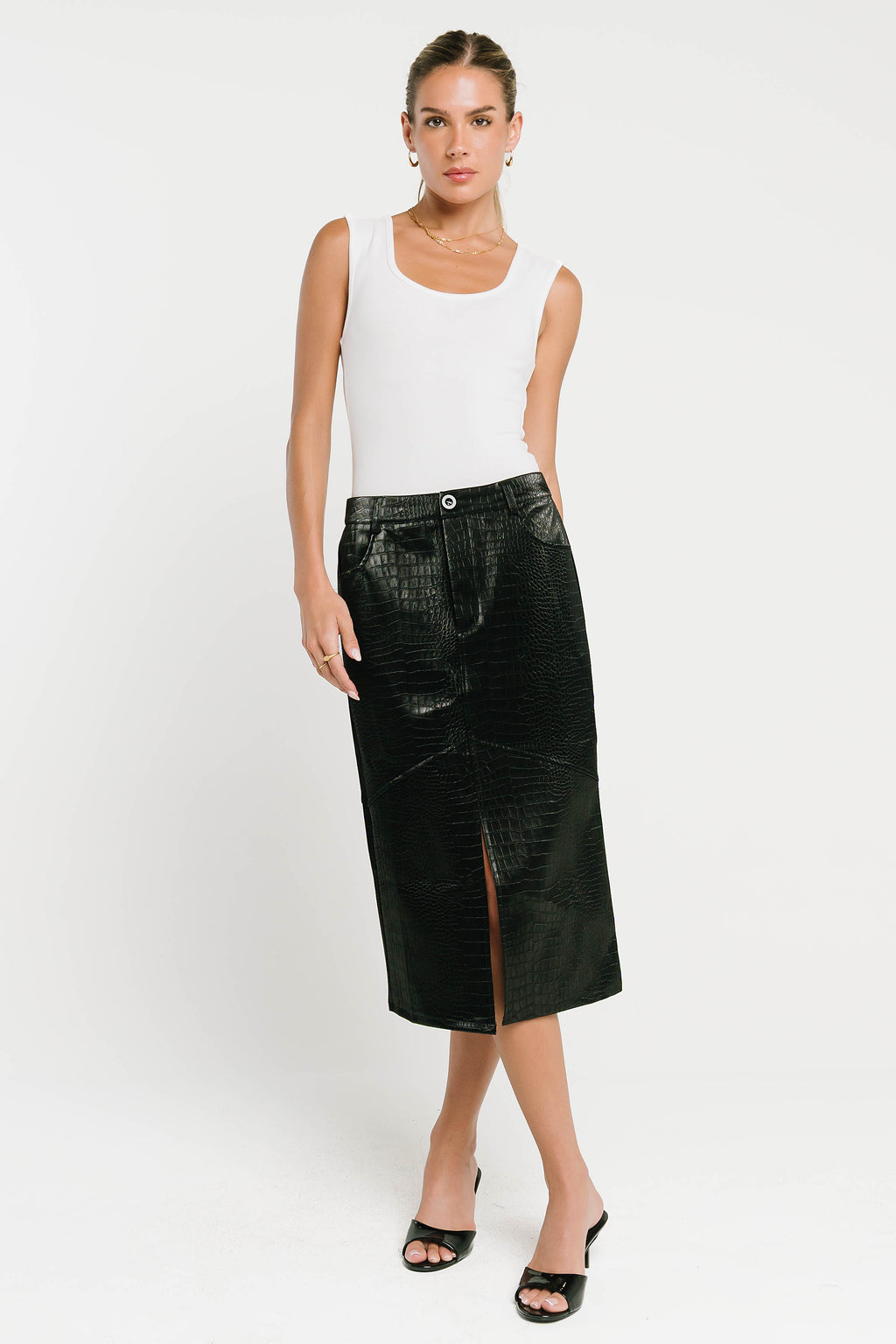 Walter Vegan Leather Midi Skirt in Black