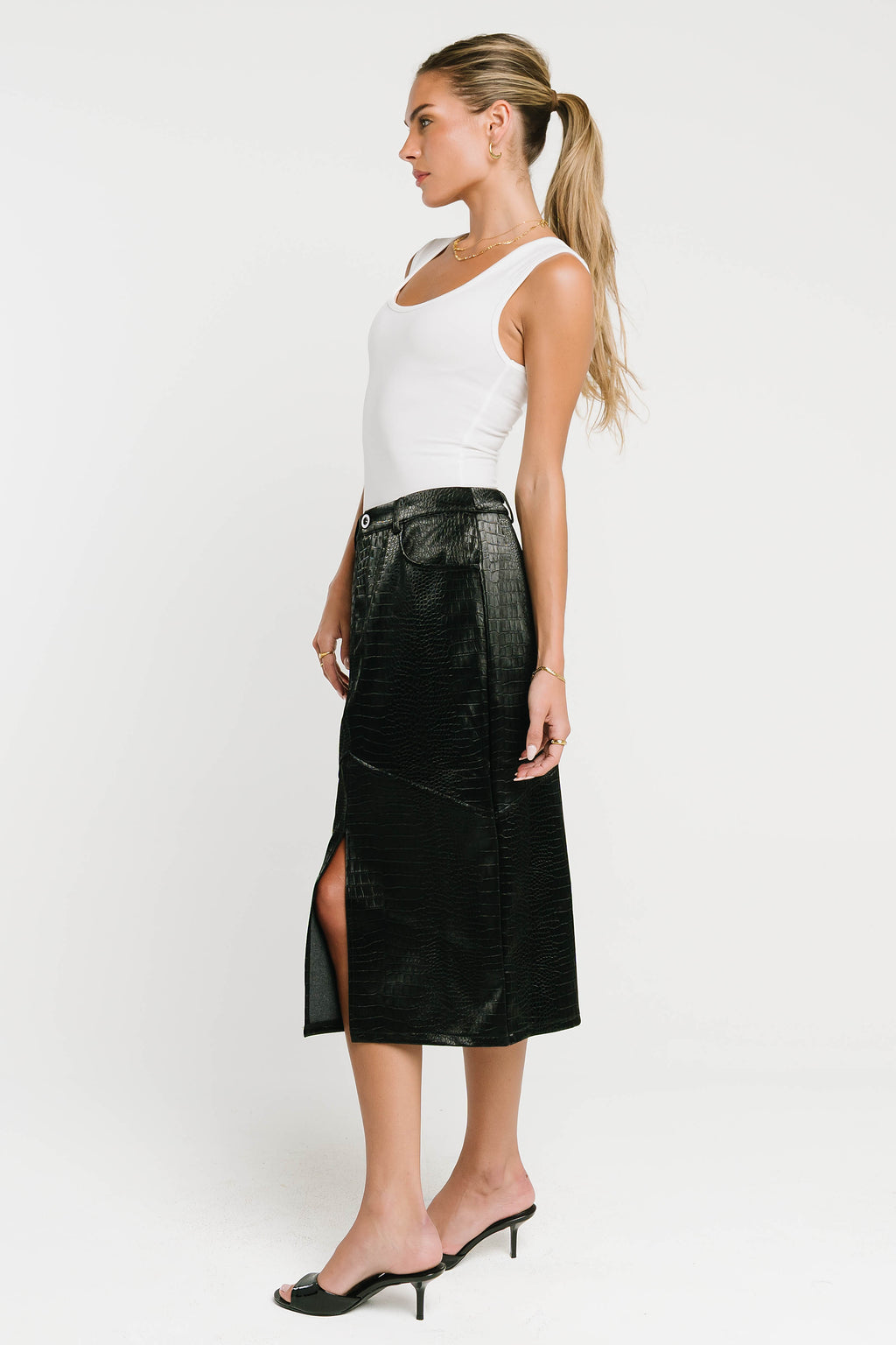 Walter Vegan Leather Midi Skirt in Black
