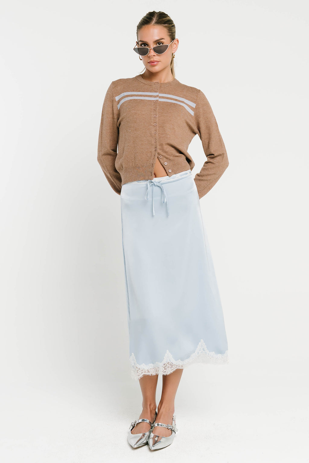 Cleo Lace Trim Midi Skirt in Blue
