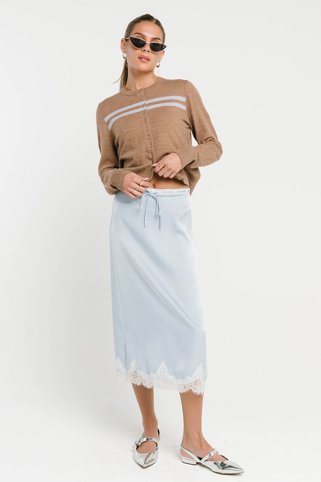 Cleo Lace Trim Midi Skirt in Blue