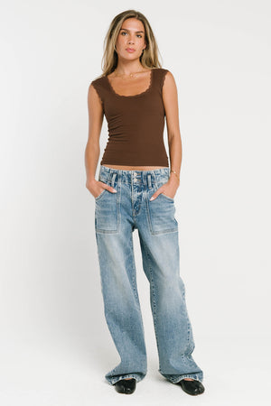 Sawyer Lace Trim Tank Top in Brown