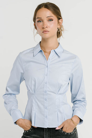 Brecken Pleated Button Up in Light Blue