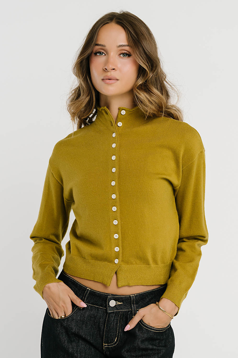 Maya Button Up Sweater in Chartreuse