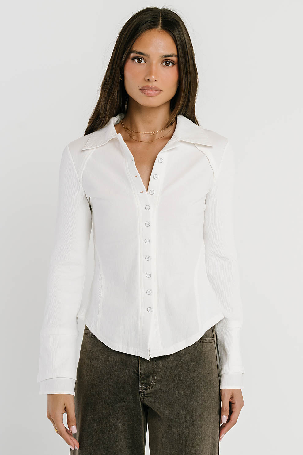 Alisa Mixed Media Button Up in White