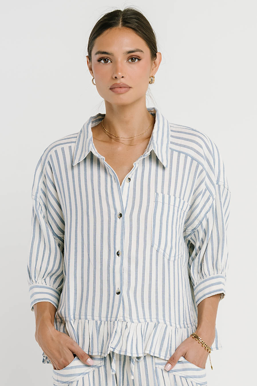 Janey Striped Collared Blouse in Denim