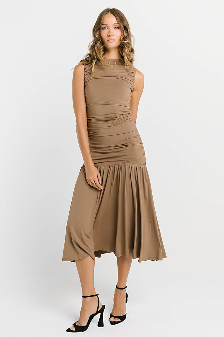 Zara Ruched Midi Dress in Mocha