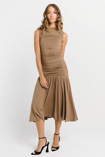 Zara Ruched Midi Dress in Mocha