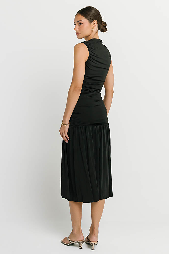 Zara Ruched Midi Dress in Black