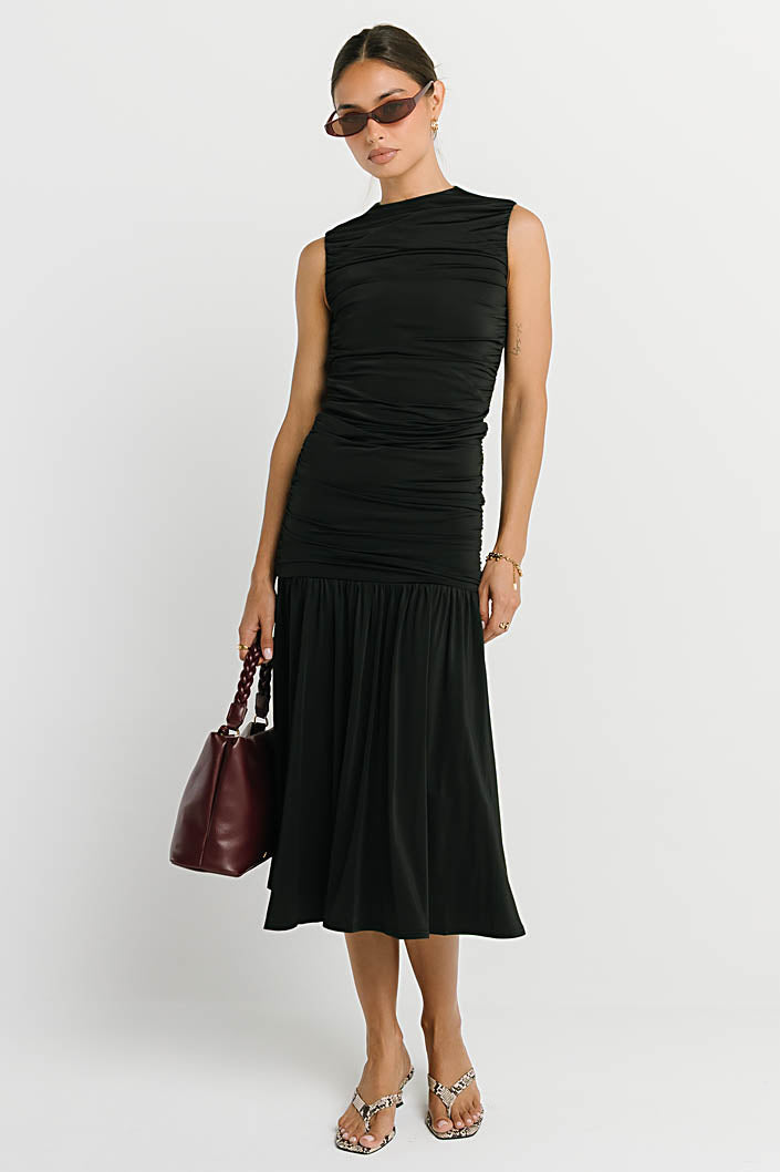Zara Ruched Midi Dress in Black