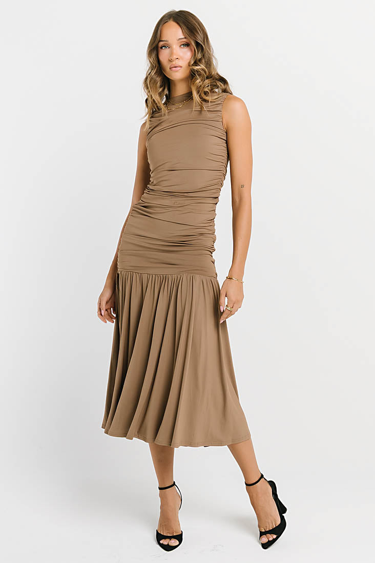 Zara Ruched Midi Dress in Mocha