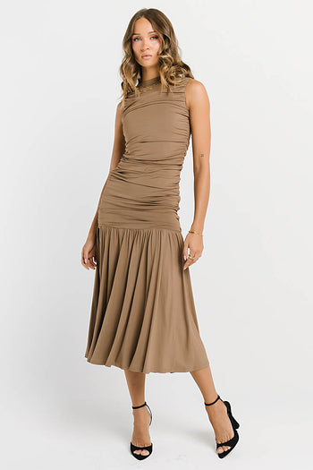Zara Ruched Midi Dress in Mocha