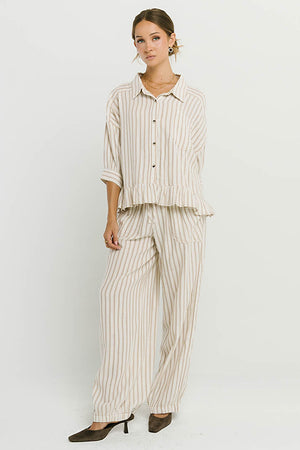Janey Striped Collared Blouse in Taupe