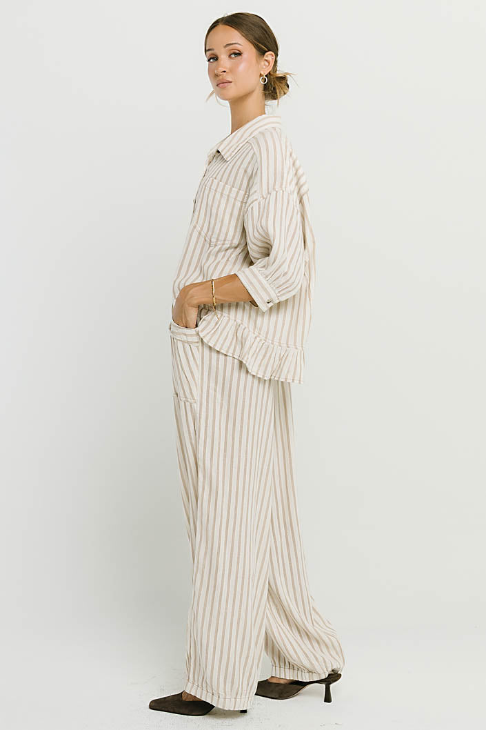 Janey Striped Collared Blouse in Taupe