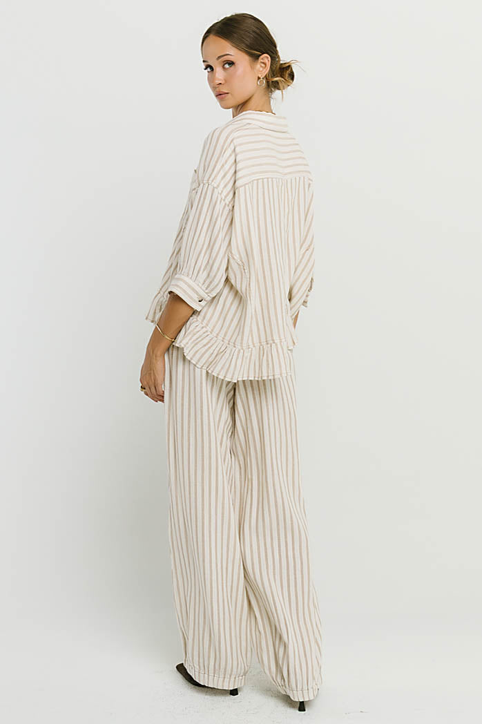 Janey Striped Collared Blouse in Taupe