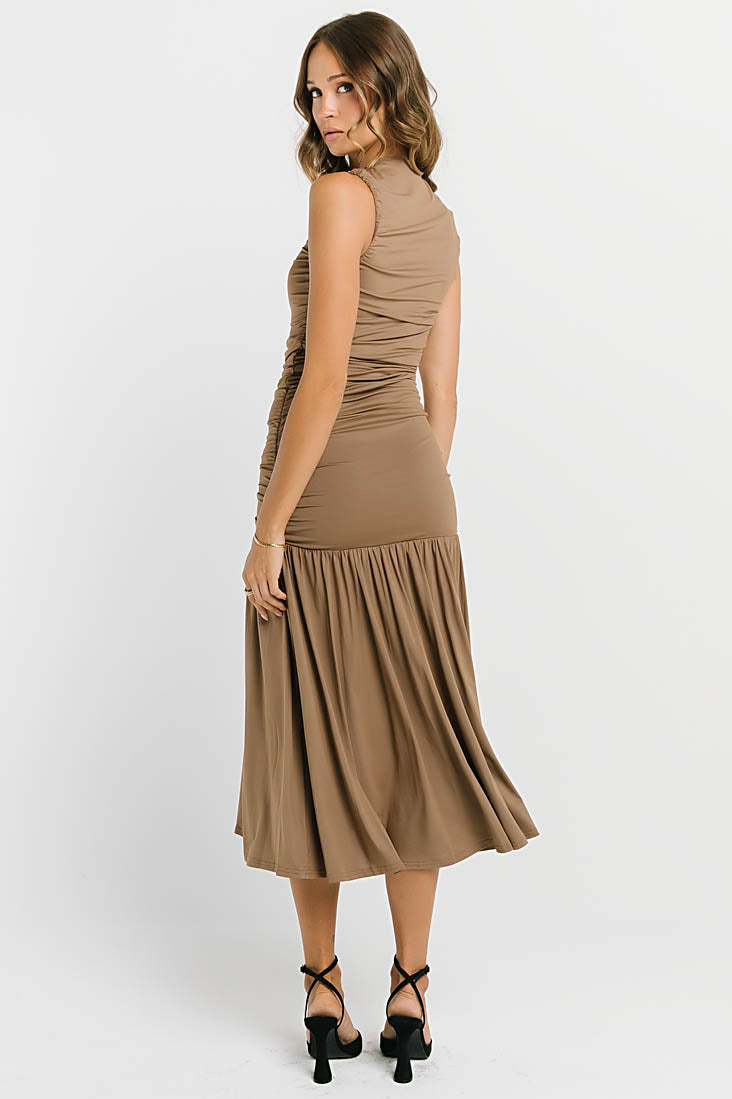 Zara Ruched Midi Dress in Mocha
