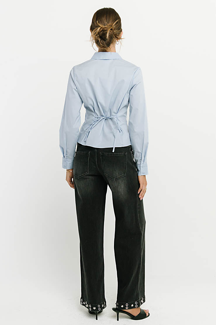Brecken Pleated Button Up in Light Blue