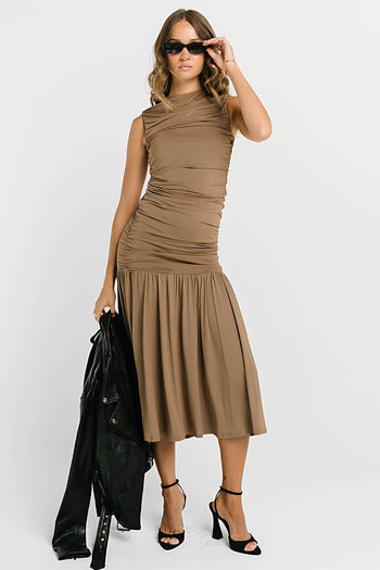 Zara Ruched Midi Dress in Mocha