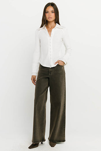 Alisa Mixed Media Button Up in White
